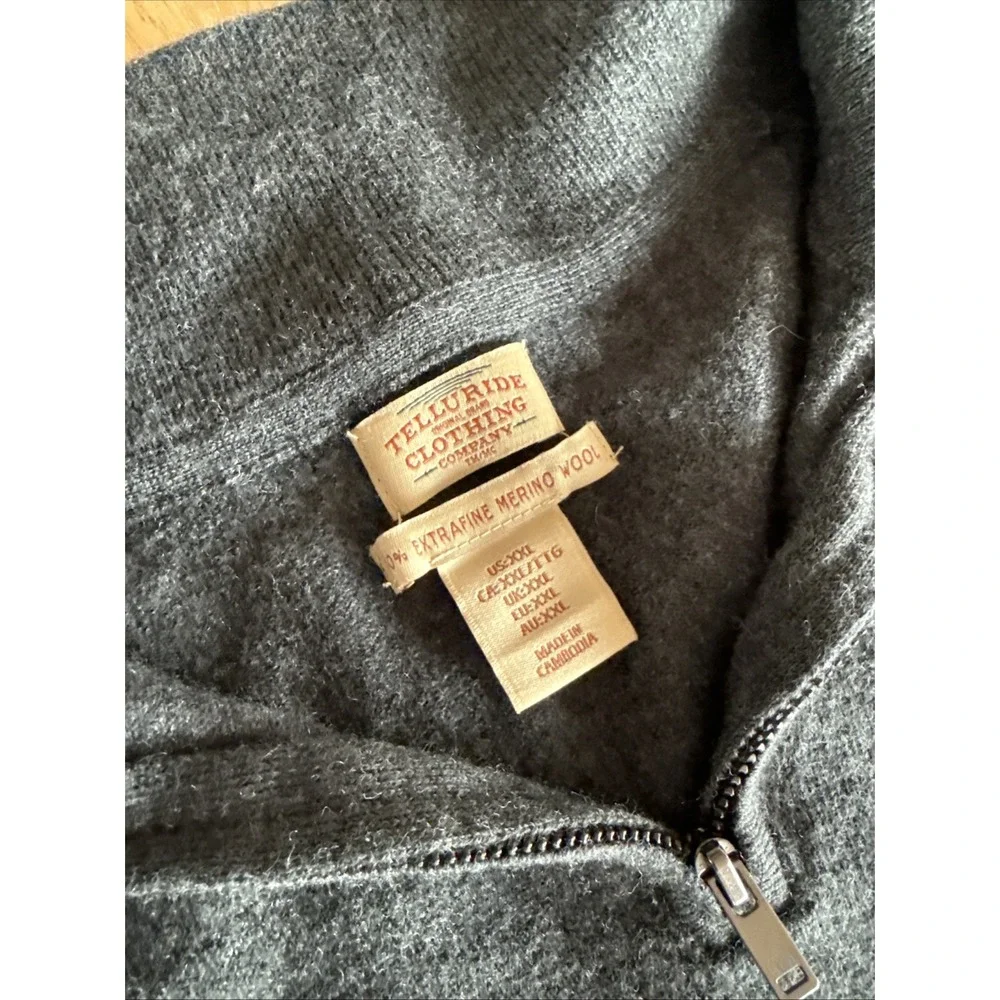 Telluride Men's XXL 100% Fine Merino Wool 1/4 Zip Pullover Sweater Gray‎